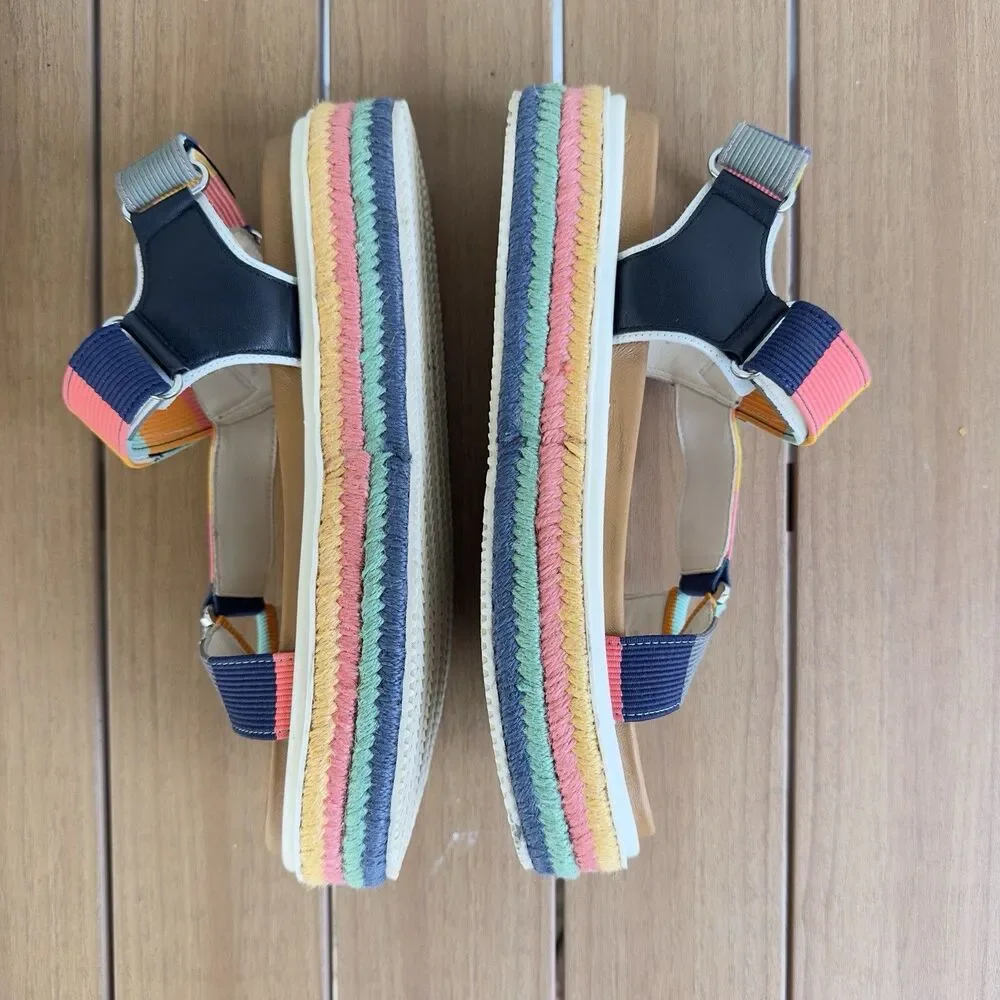 Tory Burch Sport Strappy Sandals Women 8.5M Nylon Webbing Leather Platform Multi